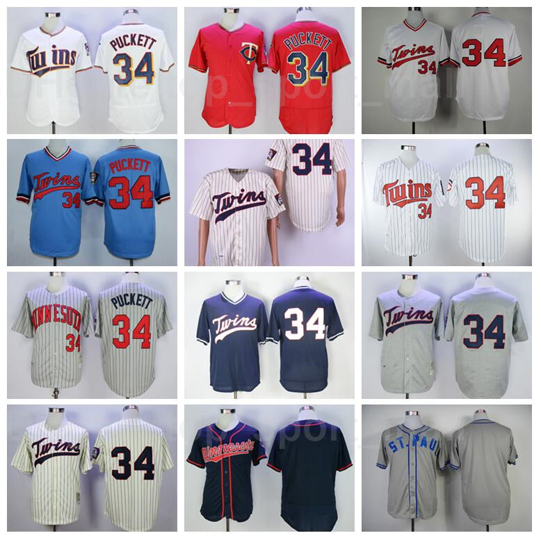 Retror 1969 1987 Vintage Baseball 34 Kirby Puckett Jersey Retire Stitched Navy Blue White Red Grey Beige Team Flexbase Cool Base