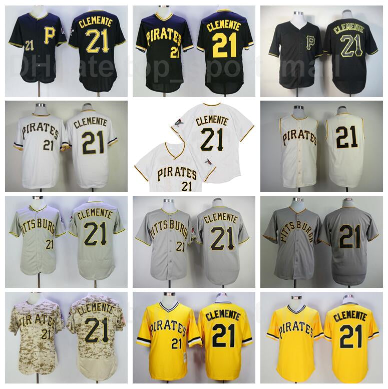 Retror 1953 1962 Baseball 21 Roberto Clemente Vintage Jersey Flexbase Cool Base All Stitched Retire Pullover Black White Yellow Grey Beige