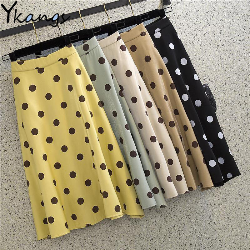 2021 Shinny Silk Chic Polka Dot Skirt Women Long Summer White Skirts Black Office Ladies Formal Clothes Faldas Largas De Fiesta Cuc1