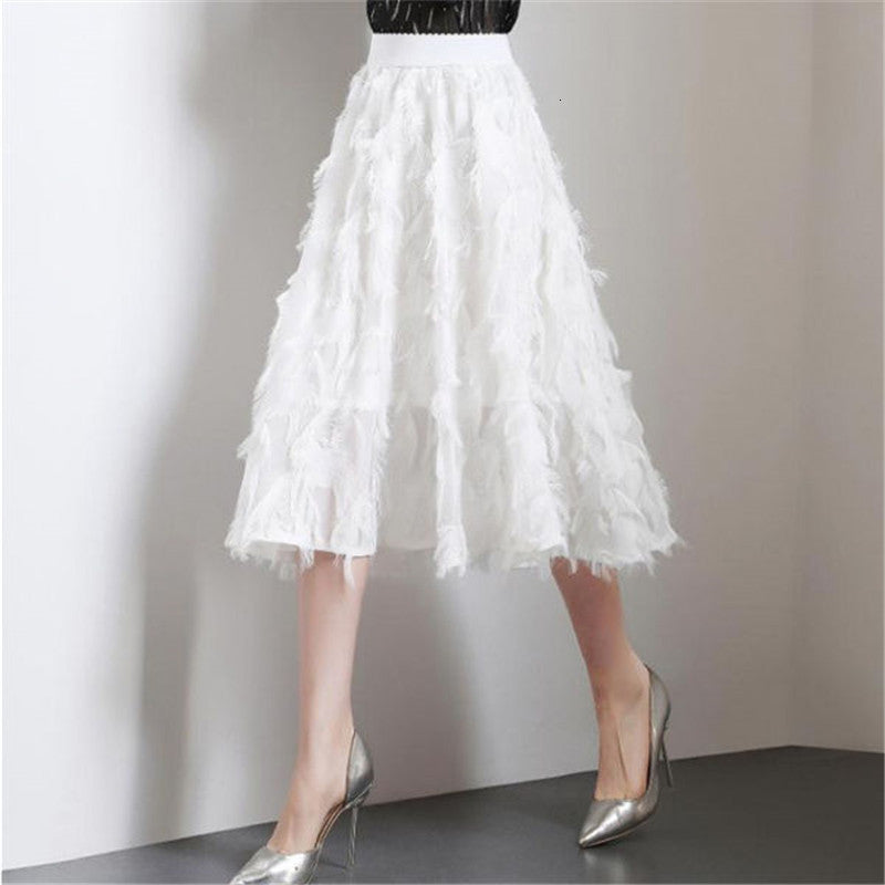 2021 Summer Black White Midi Women Feather Tassel Skirts Female Elegant Knee Length Skirt Party Jupe Faldas Largas Mujer 8gkw