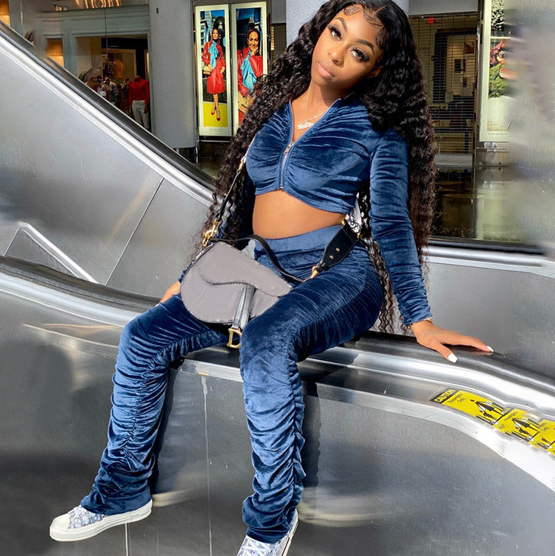 2021 New Velour Tracksuit Women Long Sleeve Hoodie Cropped Sweatshirt Slim Fit Stacked Pants Sets Ladies Chic Casual Streetwear J9cp