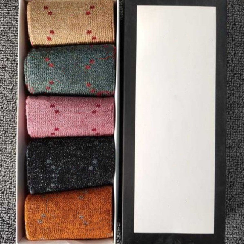 New Classic Letter Socks Women Fashion Sock Casual Cotton Socks Candy Color Letter Printed Socks 5 Pairs-Box