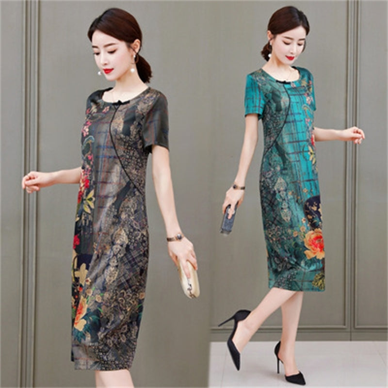 Real Shot Big Middle Age and Elderly People Dressed in Standard Female Fashion High End Temperament Medium Length Printed Skirts Silk Xat8