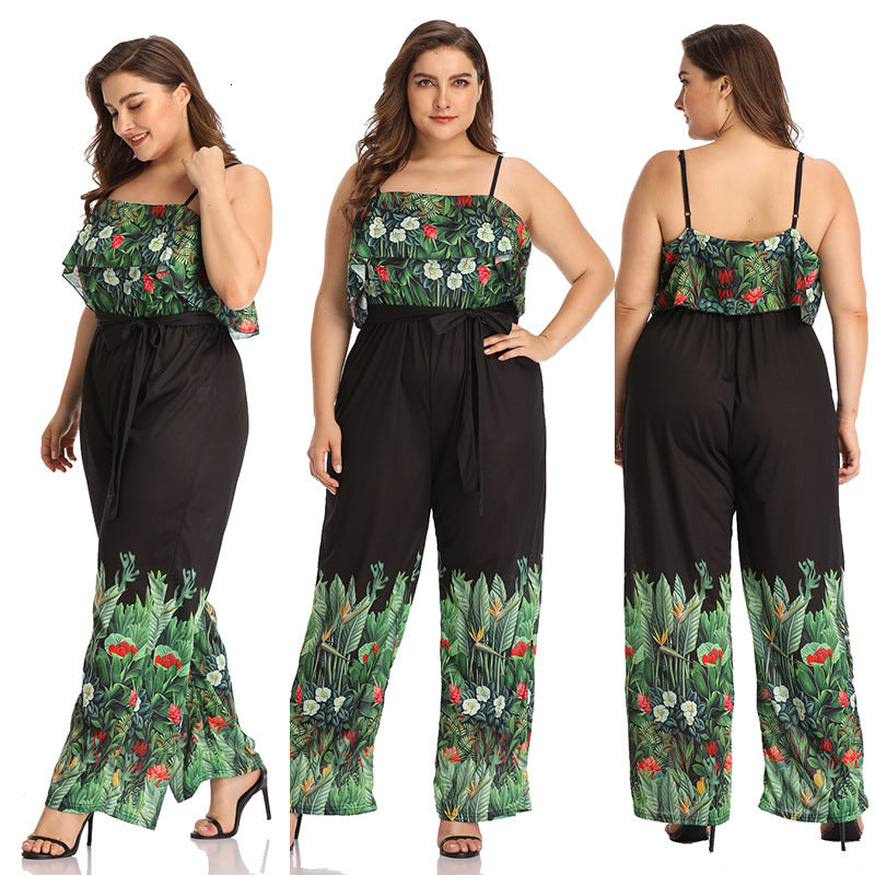 2021 New 19206 Plus Big Size Female Summer Wide Tall Long Pants Casual l xl xxl 3xl 4xl Print Fat Jumpsuit Office Lady Backless One Set O7rq