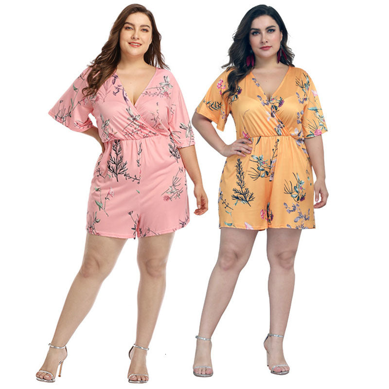 2021 New 068 Plus Big Size Female Summer Short Pants Playsuit l xl xxl 3xl 4xl Print v Neck Fat Jumpsuit Office Lady Street Wear One Set Bp1
