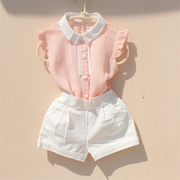 New Arrival Girls Shirts Summer Chiffon Cool Tops Teenage Girls Ruffle Blouse Kids Sleeveless Turn-down Collar Vest Shirts 210306