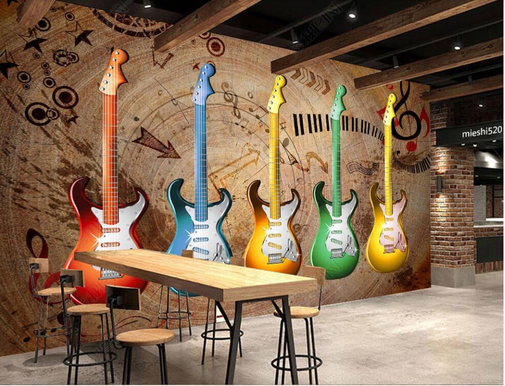 3d wallpaper custom photo mural Retro wood grain music guitar doodle in the living room home decor 3d wall murals wallpaper for walls 3 d