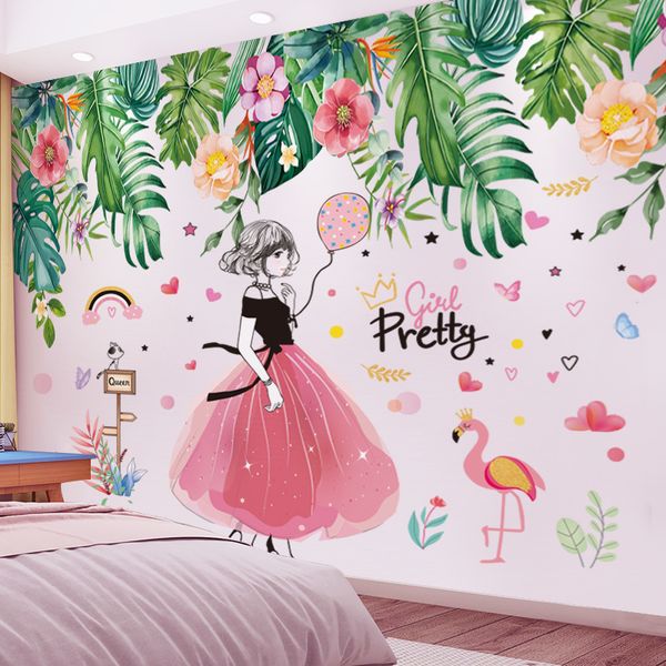 Tree Leaves Wall Stickers DIY Cartoon Girl Flamingo Wall Decals for Kids Room Baby Bedroom Nursery Decoration 210308