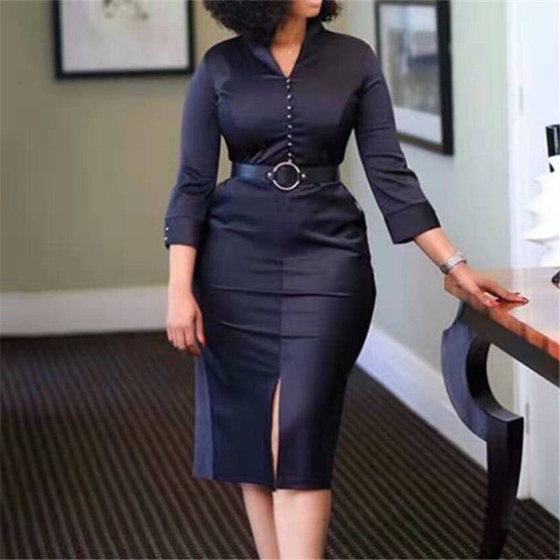 2021 African Women Bodycon with Waist Belt Bead Office Ladies Modest Classy Elegant Slim Autumn Black Fashion New Robe Xsmg