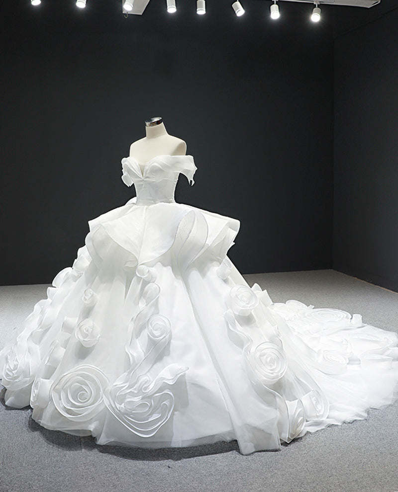 Elegant White Organza Flower Train A-Line Wedding Dresses Bridal Pageant Dresses Wedding Attire Dresses Custom Size 2-18 W309008