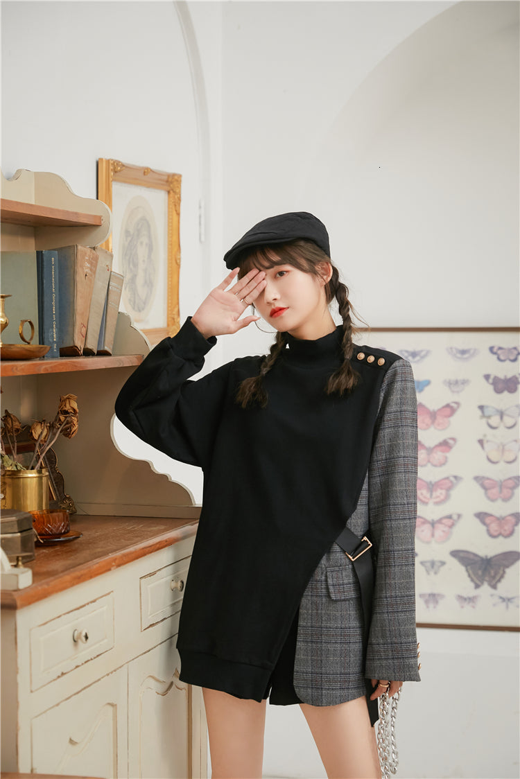 2021 New Winter Turtleneck Plaid Patchwok Women Hoodie Grey Black Irregular Designer Sweatshirt Fashion Clothes Heq6