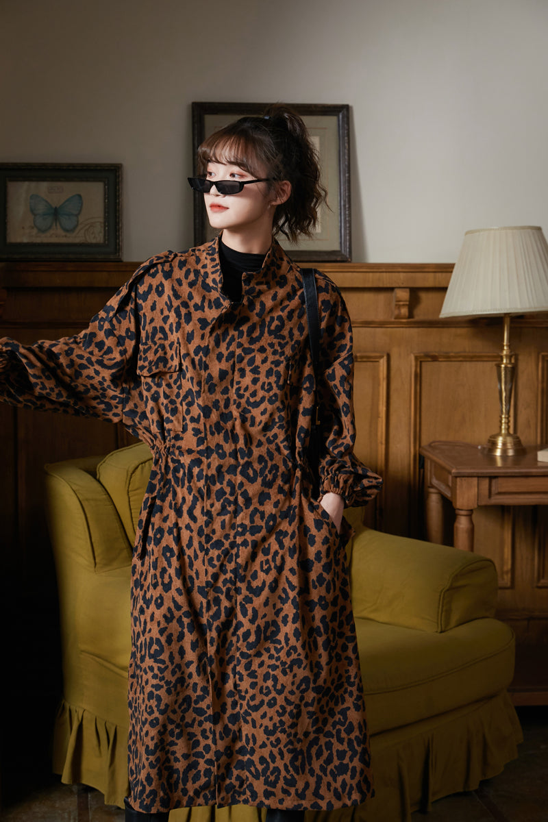 2021 New Leopard Print Trench for Women Autumn Winter Long Zipper Up Outerwear Duster Cardigan Coat Fashion Otlm