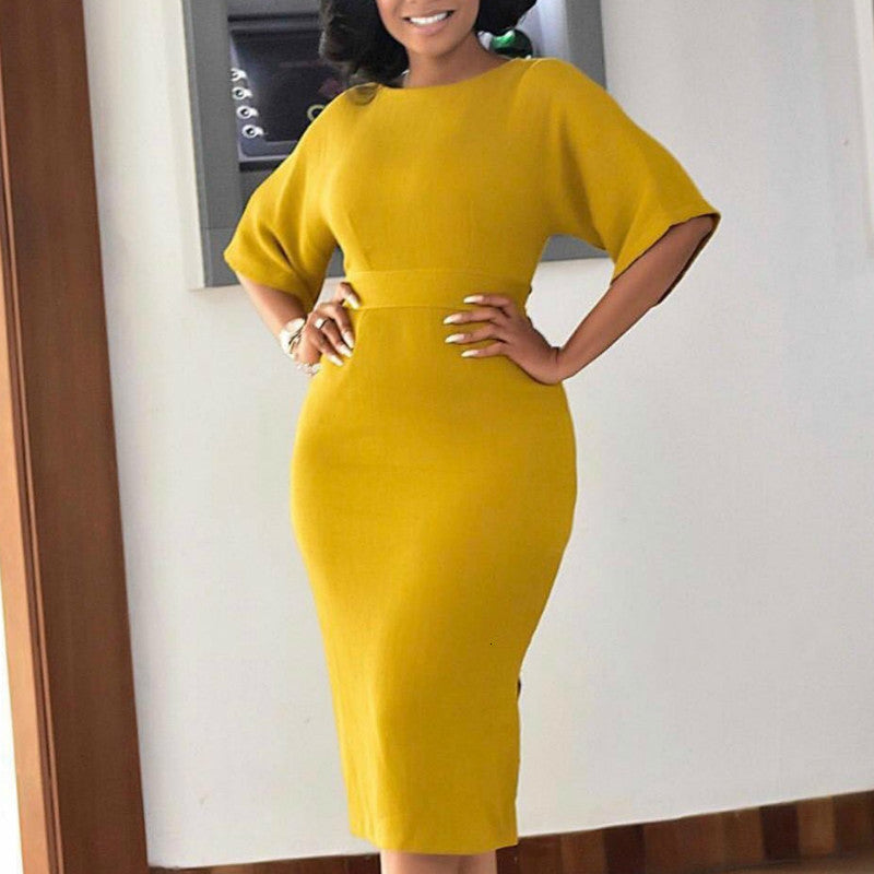 2021 New Yellow Women Es Bodycon Slim Elegant Office Ladies Work Wear Short Sleeves o Neck Tight Elastic Large Size African Fashion Be4q