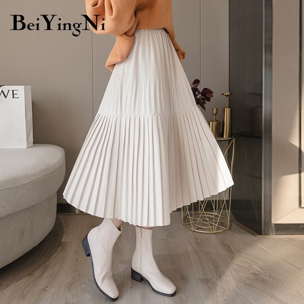 Beiyingni Vintage Pleated Midi Skirt for Woman Casual Elastic High Waist Solid Skirts Womens Harajuku Office Skirt Ladies 210309