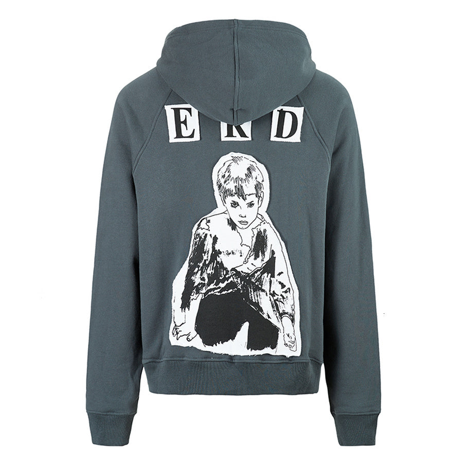 2021 New Heavy Fabric Gray Blue Comic Little Boy Patch Print Erd Hoodie Men Women 1:1 Best Quality Oversized Pullover Sweatshirts Fashion Gz
