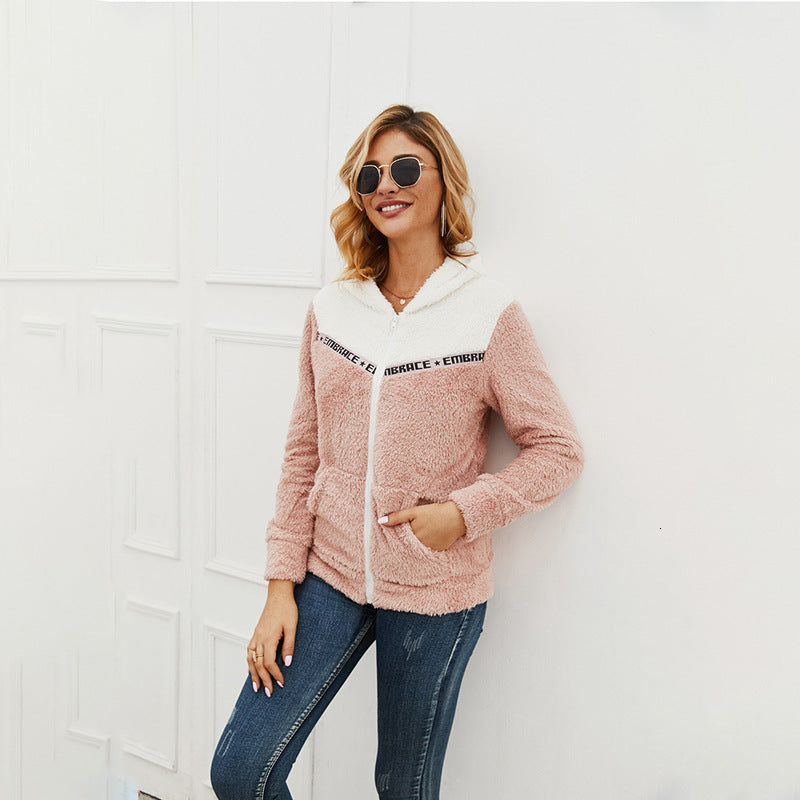 2021 New Autumn Winter Patchwork Color Letter Fleece Women Casual Zip-up Hooded Hoodies Female Office Lady Usby