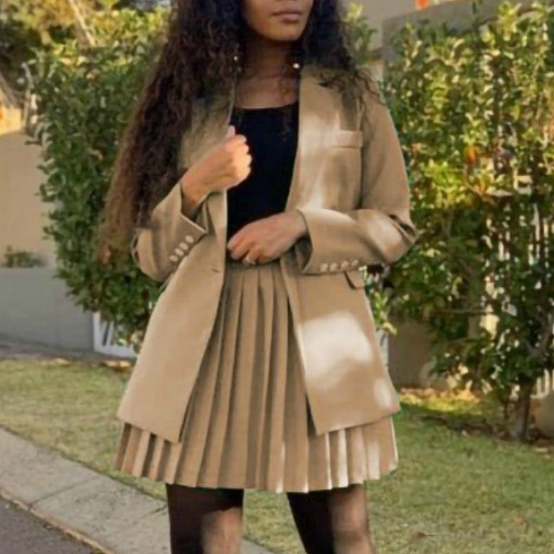 2021 New Women Two Set Blazer Coat with Pleated Mini Skirts Elegant Ladies Work Wear Long Sleeve Female Suits Classy 2 Pieces Suit 7h1c
