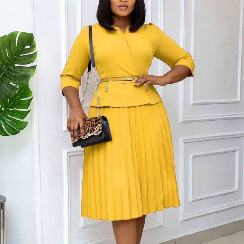 Women Slim Fake Two Piece Pleated Three Quarter Sleeve Mid Calf with Belt Es Office Ladies Woke Wear Fall 2021 New Skzd
