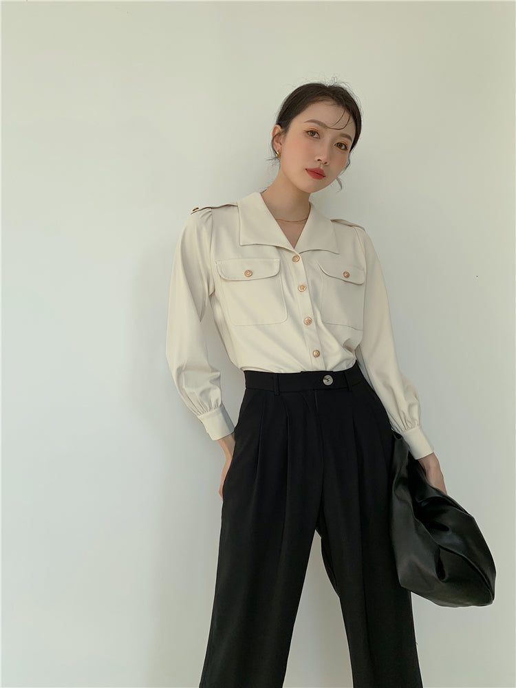 New Spring 2021 Fashion Women Long Sleeve Up Shirt Gold Button Collar Pockets Ladies Designer Tops and Blouses Fte1