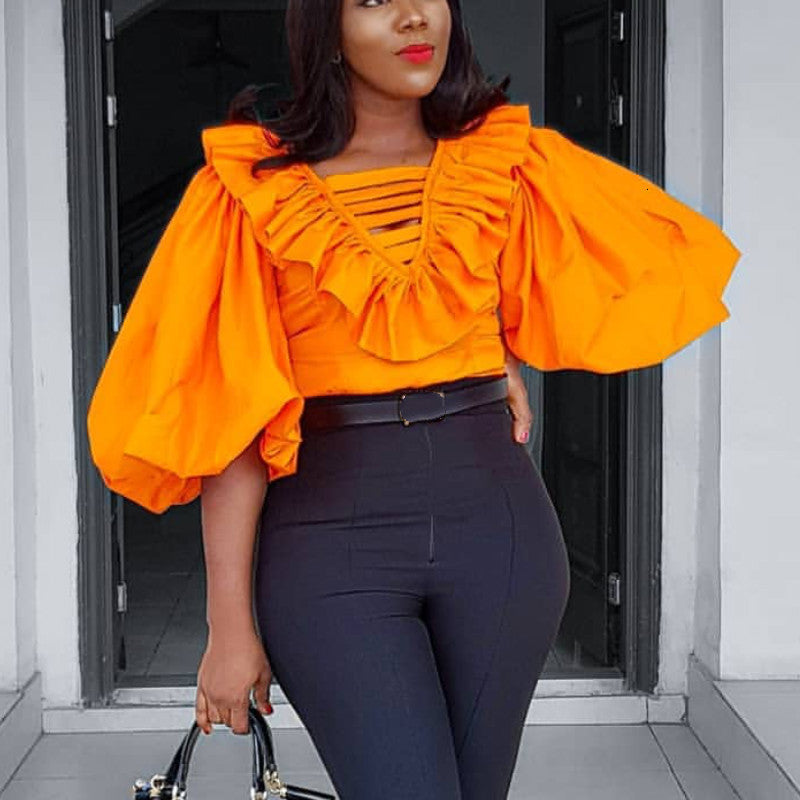 2021 New Women Blouse Big Lantern Sleeve v Neck Ruffles Hollow Out Elegant Office Ladies Classy Orange Fashion Tops Shirt Bluas Plus Size Z7