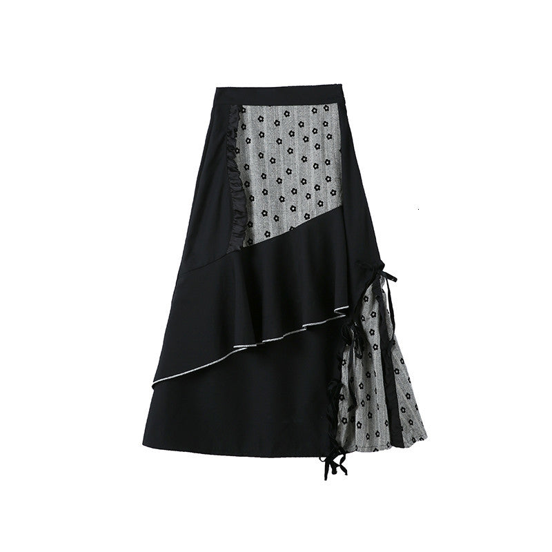 2021 New Asymmetrical Skirts Womens Black Pathchwork Ruffle Hollow Out Long Midi High Waist Ladies Skirt Designer Fashion 9v70