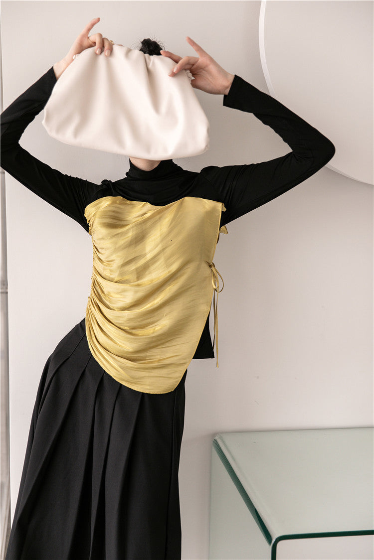 2021 New Drawstring Glitter Ruched Long Sleeve Blouse Women Turtleneck Patchwork Ladies Designer Top Korean Fashion Zlks