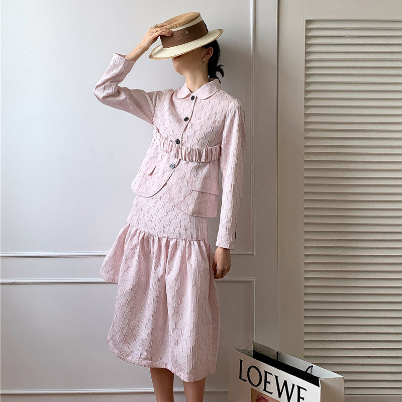 2021 New Pink Texture Jacket Women Peter Pan Collar Ladies Button Up Coats and Jackets Korean Outerwear Fashion Desinger 4lu0