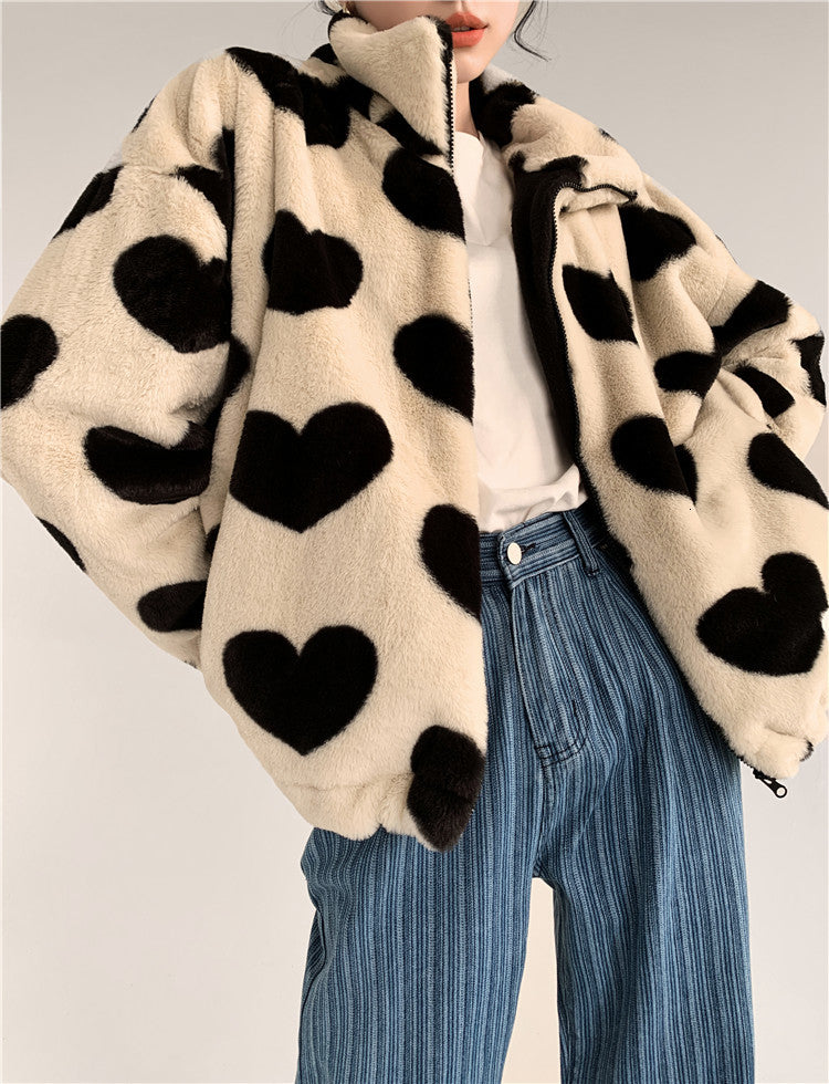 2021 New Beige Faux Fur Coat Women Heart Print Sherpa Kawaii Fleece Jacket Cute Winter Outerwear Korean Fashion Clothing Ic6w