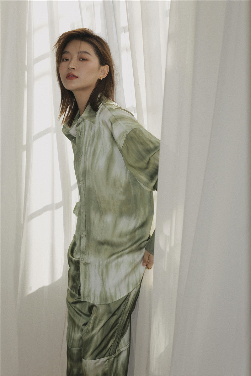 2021 New Tie Dye Mustard Green Long Sleeve Fall Women Tops and Blouses Button Up Collar Shirt Designer Fashion Uvbj