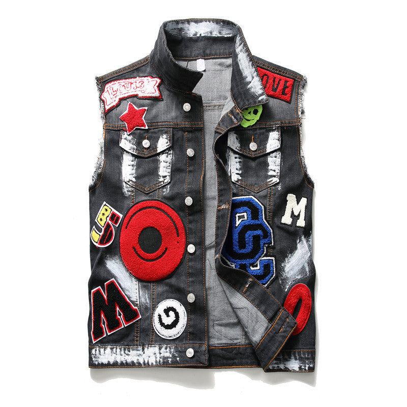 Emblems Newly Male Patchwork Embroidered Waistcoats Fashion Streetwear Eagle Paint Denim Upper Part of the Tank Bcjw
