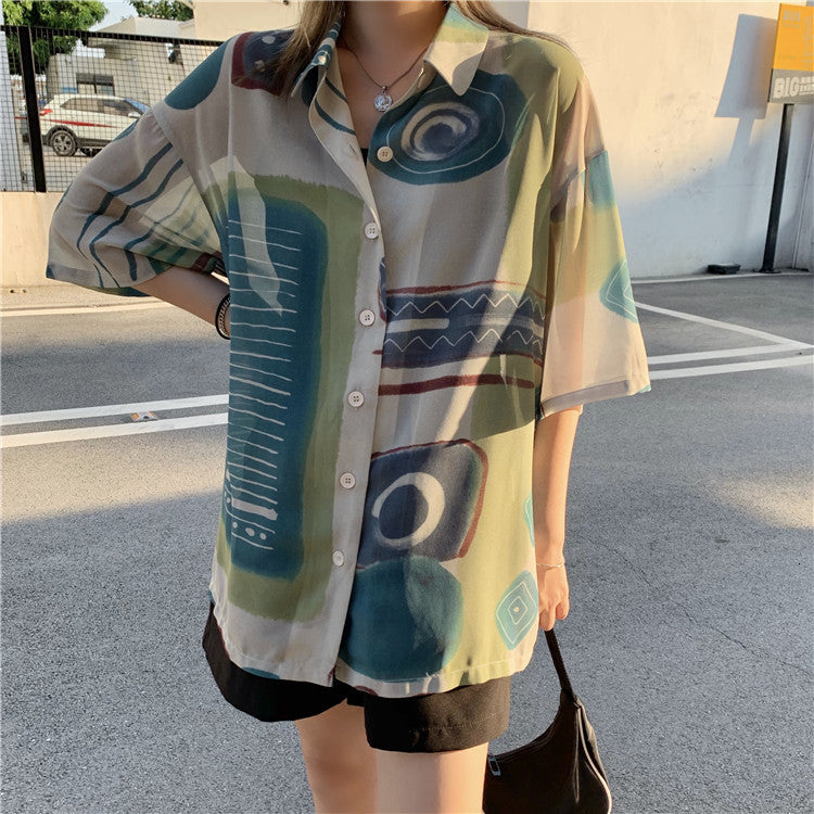 2021 New Aesthetic Geometric Print Loose Women Shirts Blouses Summer Top Short Sleeve Button Up Designer Shirt Casual Clothing M8z7