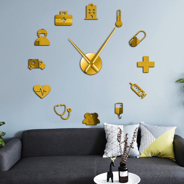 Medicine Heath Care Ambulance Medical Tools Large DIY Wall Clock Acrylic Mirror Effect Wall Stickers Hospital Clinic Decor Watch X250107