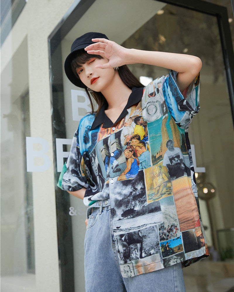 2021 New Oil Painting Blouse Women Tops and Blouses Summer Short Sleeve Button Up Shirt Color Block Designer Aesthetic Clothes C64o