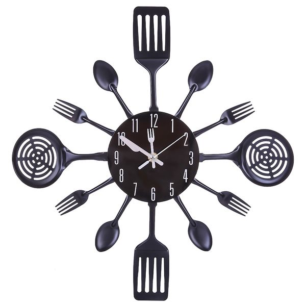 41.5cm Creative Metal Cutlery Kitchen Utensil Wall Clock Spoon Fork Clock Home Kitchen Office Decor Gift - Black 210309