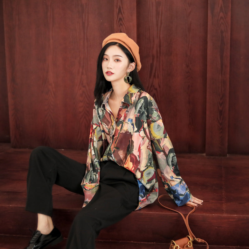 2021 New Fall Womens Tops and Blouses Long Sleeve Button Up Shirt Impressionism Print Blouse Designer Shirts Clothes Twhp