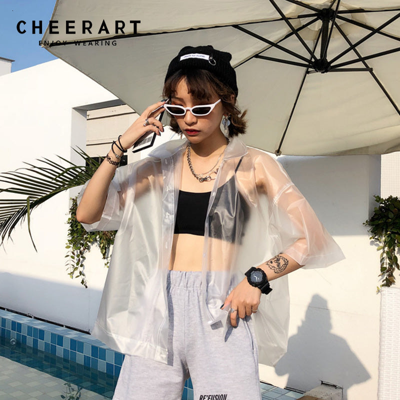 2021 New Rain-proof Streetwear Transparent Shirt Women Summer Cardigan See Through Tops and Blouses Pvc Loose Top Femme Xy4t