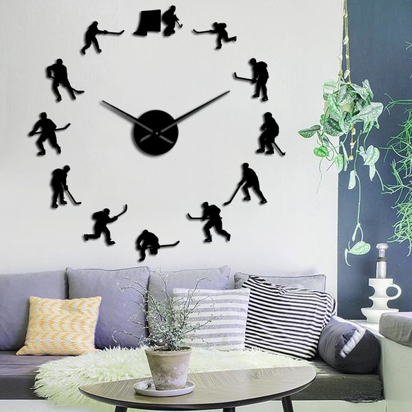 Hockey Sport Wall Hanging DIY Large Wall Clock Ice Hockey Players Silhouette Mirror Stickers Home Decor Wall Watch Gift For Man 210309