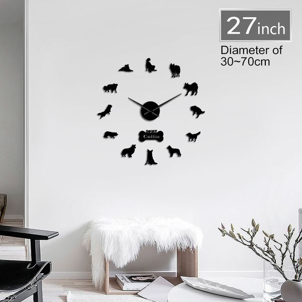 Border Collie Dog Breed Animal 3D DIY Wall Clock Border Colly Silhouette Acrylic Mirror Sticker Mute Clock Watch Pet Lover Gift 210309