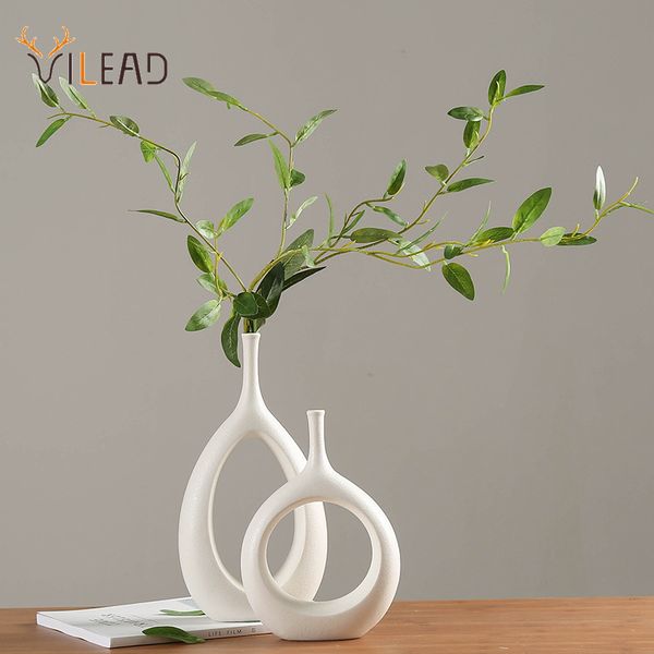 VILEAD Ceramic Flower Vase Figurines Nordic Modern Flower Pots Living Room Desktop Cylinder Vase Interior Decorative Sculptures 210310