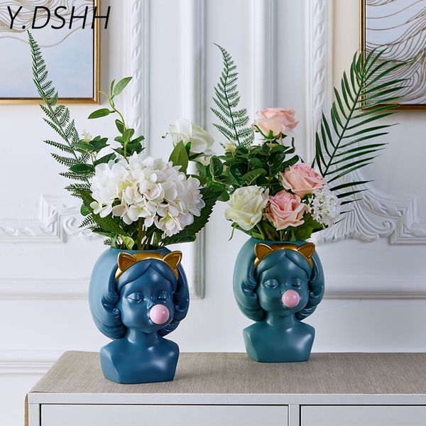 Y.DSHH Big Creative Nordic Style Resin Flower Vase Decoration Home Decorative Vases For Flowers Pot Vintage Table Vase Cute Girl 210310