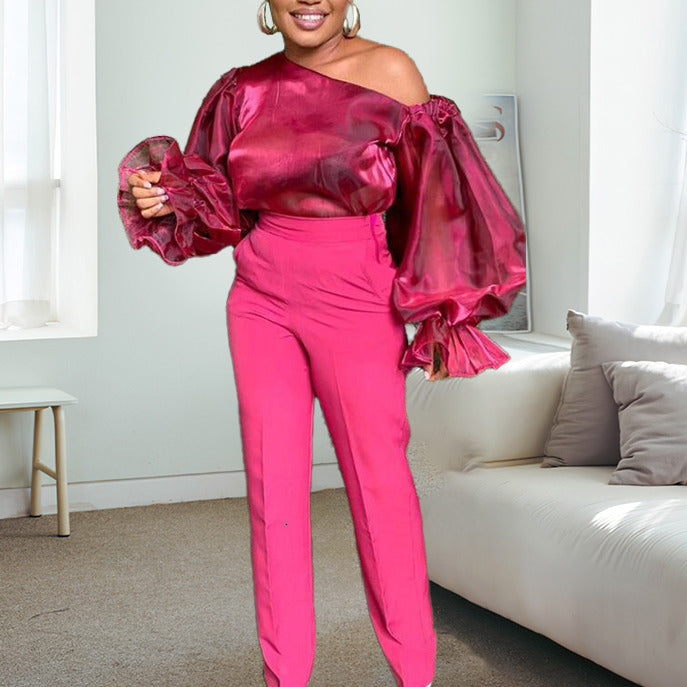 2021 Women Two Pieces Set Red One Shoulder Blouse with Big Lantern Sleeves High Waist Pants Office Ladies Work Wear Modest Spring New 5m9o