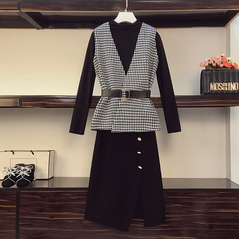 Elegant Office Knitted Out of Three Women&#039;s Ensemble Turtleneck Houndstooth Upper Waistcoat and Skirt Divided Workwear Autumn Outfit Cvkb