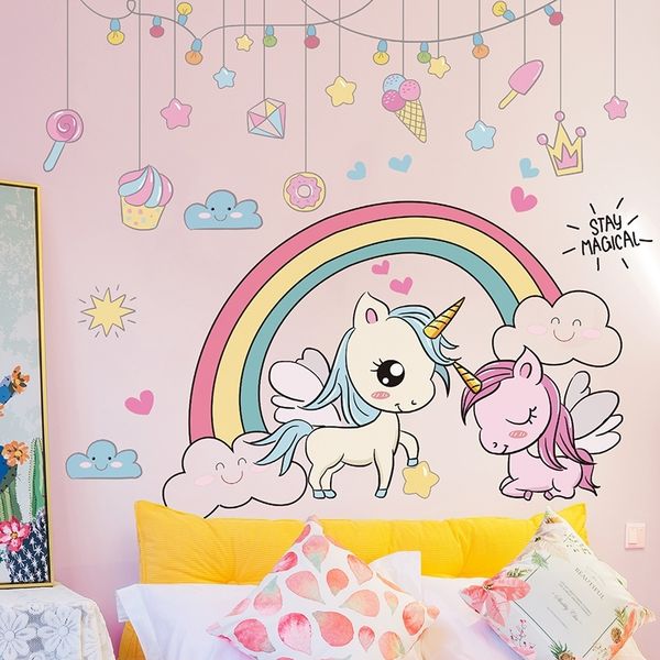 [SHIJUEHEZI] Cartoon Animals Stickers DIY Rainbow Unicorn Horse Wall Decals for Kids Rooms Baby Bedroom Home Decoration 210310