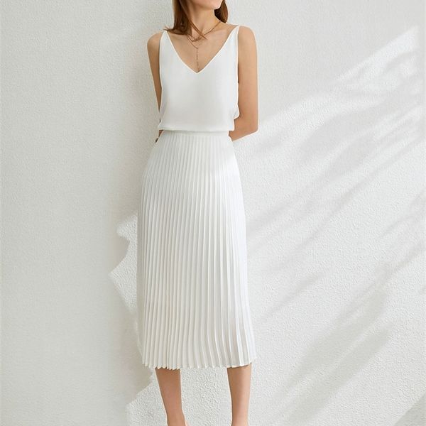 Spring Summer Office Wear White Black Long Skirt Vintage England Preppy Style Elastic Waist Basic Accordion Pleated Skirts 210311