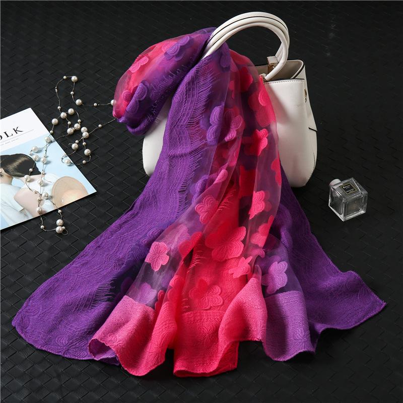 Scarves 2021 Trendy Gradient Color Silk Scarf Women Cut Flowers Spring Shawls And Wraps Foulard Femme Beach Sjaals Muslim Hijab