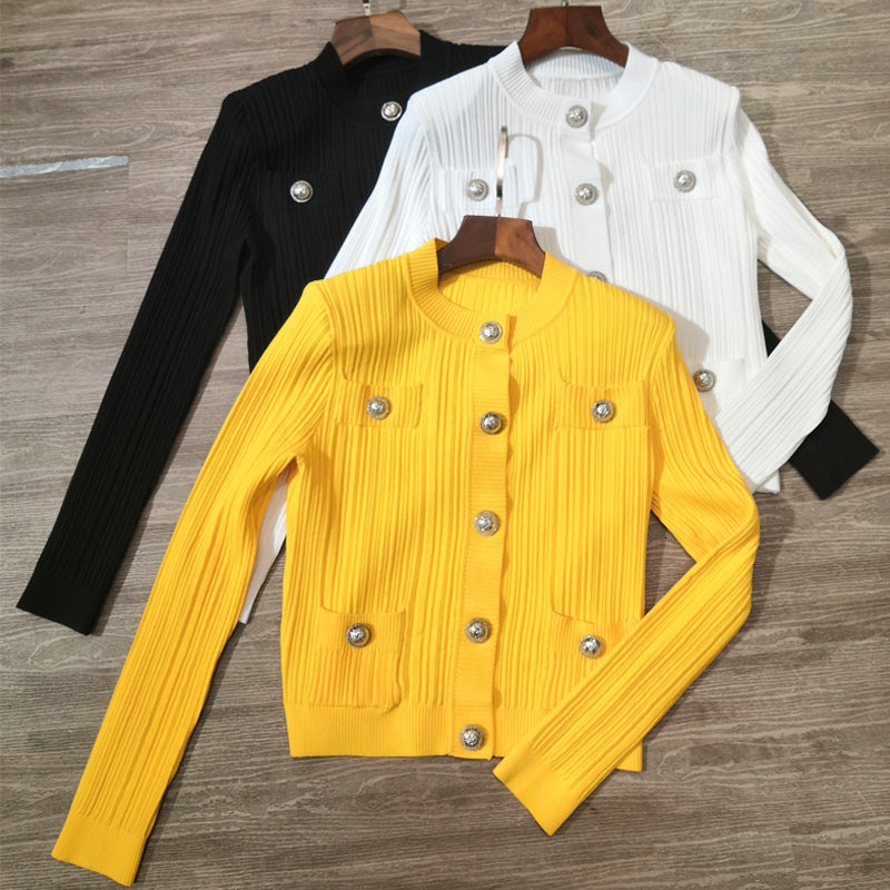2021 New Brand Designers Metal Buttons V-neck Knitted Sweater Vintage Casual Yellow-white-black- Cardigan Mujer Zlqg