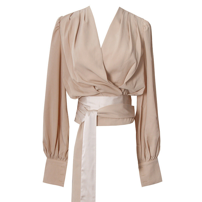 2021 New Runway Designers Tops Mujer Spring Autumn Elegant Draped V-neck Long Sleeve Chiffon Blouses Womens Office Wear 5buc