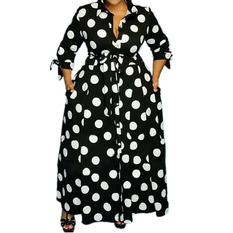 2021 New Women Plus Size Xl-5xl Elegant Maxi Polka Dot Printed Office Lady Es Button Fly Vestidos Wholesale Dropshpping Gv28