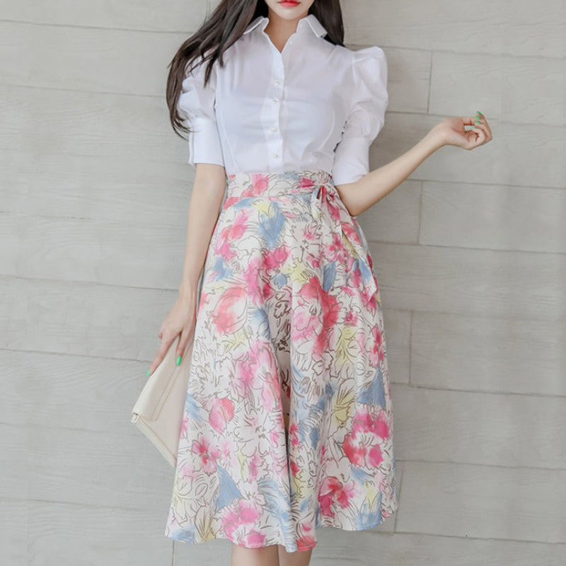 New Arrival Fashion Set for Women Summer Office Lady Elegant Casual Simple White Shirt and Print Skirt Two Piece Sets L353