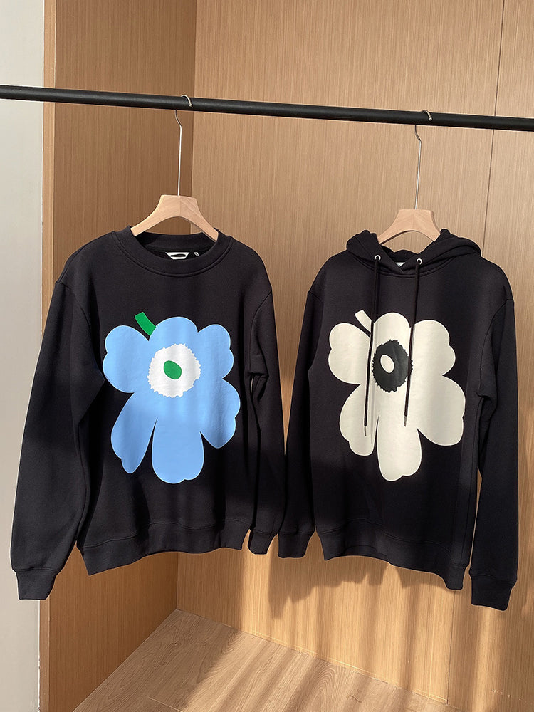 2021 New Contrasting Sun Flower Loose Thin Black Hooded Plus Fleece Hoodie o Neck Pullover Sweater for Men and Women Hnpx